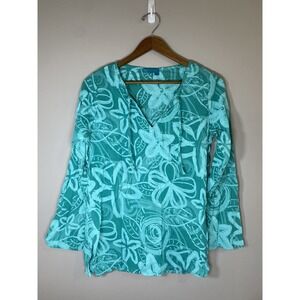 Fresh Produce Tunic Womens XS/SM Teal Floral Starfish V Neck 3/4 Sleeve Cover Up